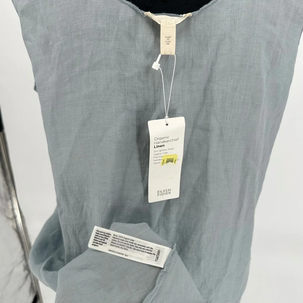 NWT Eileen Fisher Blue Organic Linen Scoop Neck Handkerchief Tank Slip Dress S‎